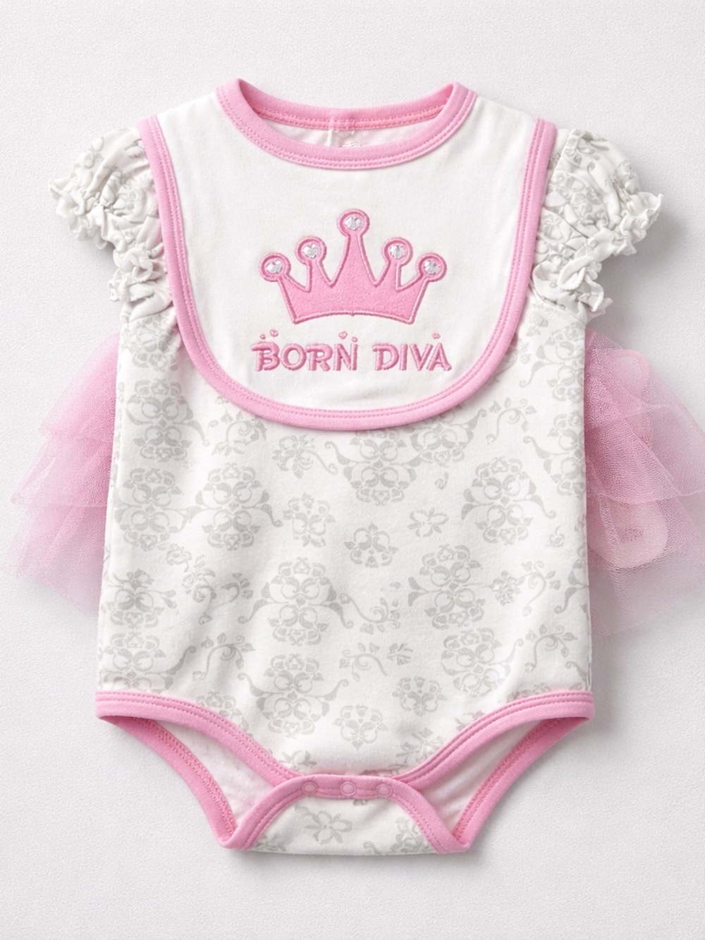 Baby Mode Born Diva Pink Trim Baby Onesie with Crown Bib 6-9 months NWT